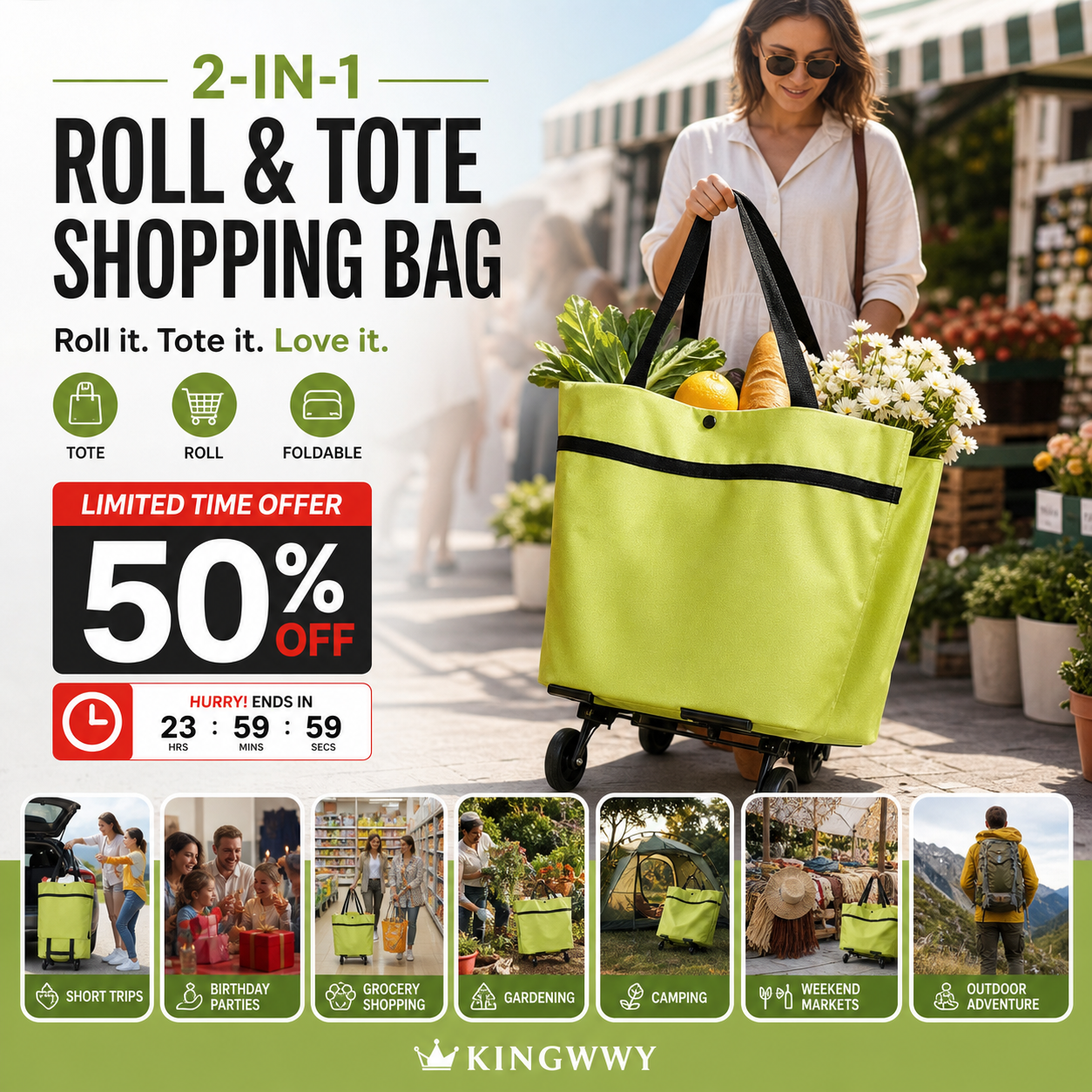 📢📢50% OFF !! ⏰2-in-1 Foldable Shopping Cart