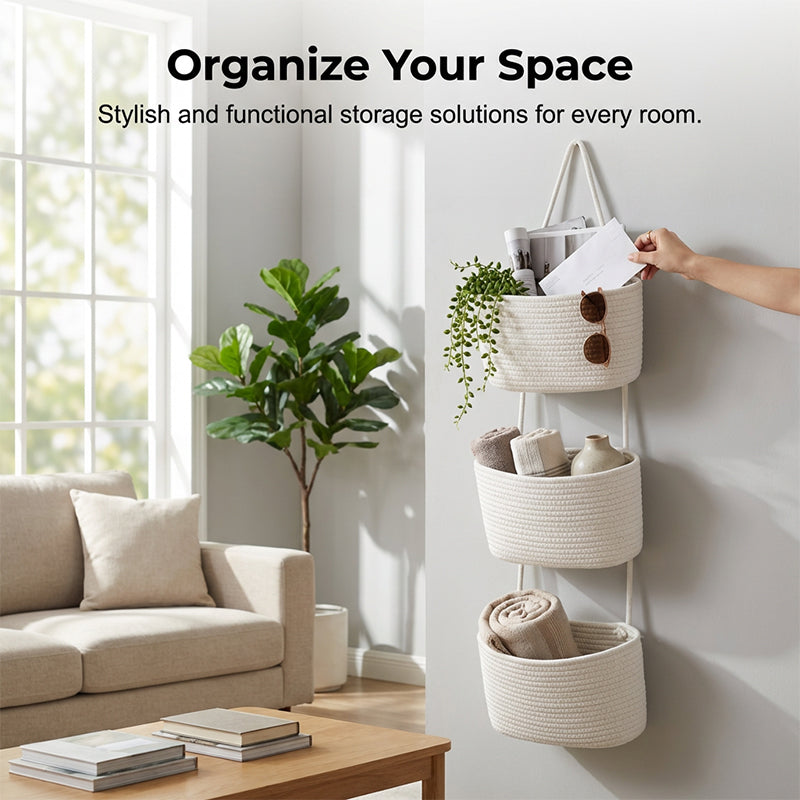 🧺 Wall-Hanging Storage Organizer – 3-Tier, Boho Style, Space-Saving 🏡