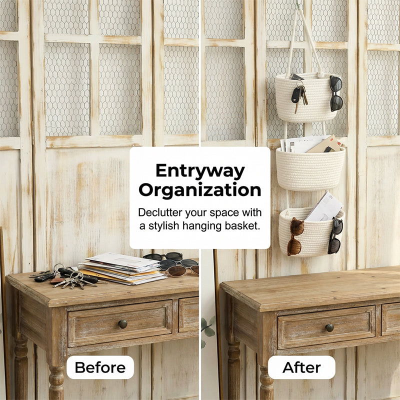 🧺 Wall-Hanging Storage Organizer – 3-Tier, Boho Style, Space-Saving 🏡