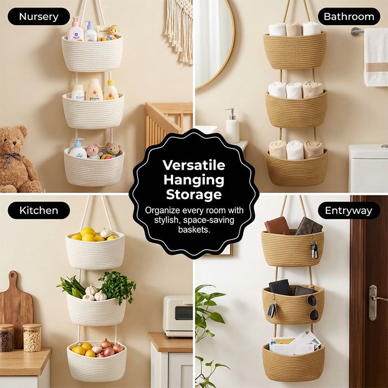 🧺 Wall-Hanging Storage Organizer – 3-Tier, Boho Style, Space-Saving 🏡