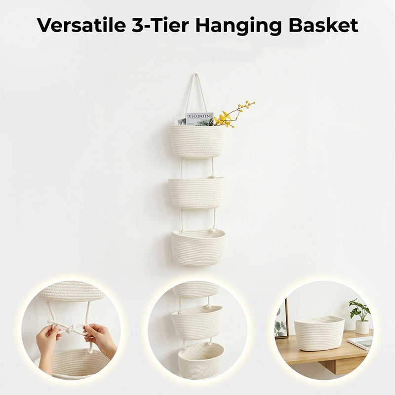 🧺 Wall-Hanging Storage Organizer – 3-Tier, Boho Style, Space-Saving 🏡